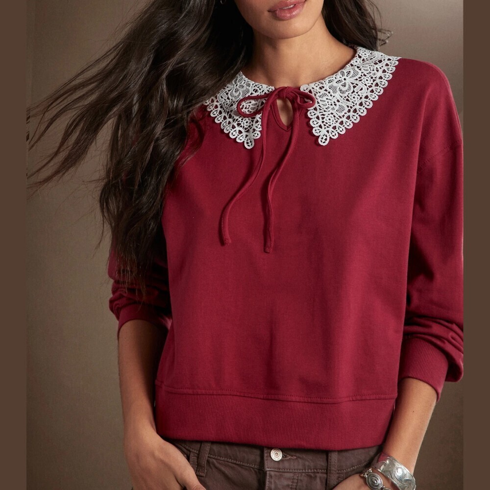 Burgundy Lace Collar Tie Neck Ribbed Trim Oversized Sweatshirt